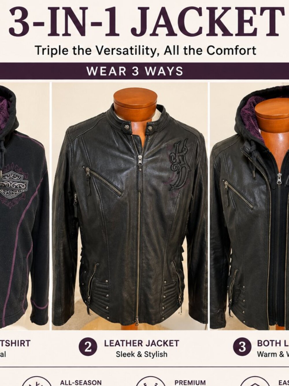 Harley-Davidson 3-in-1 Women's Black Leather- Hooded Sweatshirt - Purple Accent